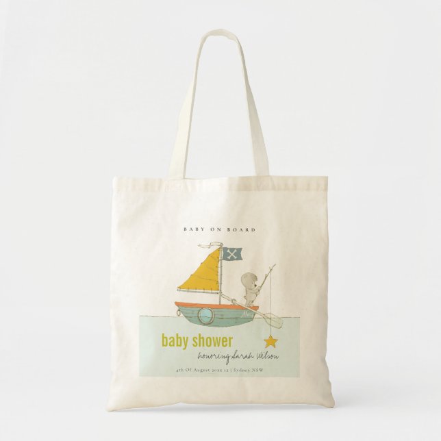 Cute Fishing Teddy Bear Star Sailboat Baby Shower Tote Bag (Front)