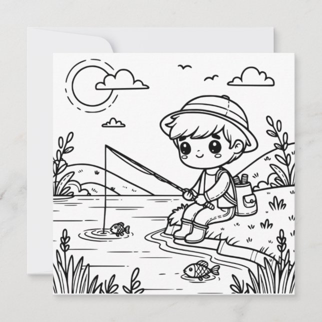 Cute Fishing Themed Colouring Card for Kids (Front)