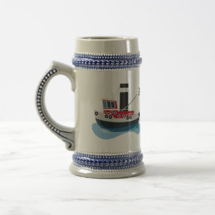 Cute fishing trawler boat cartoon illustration beer stein