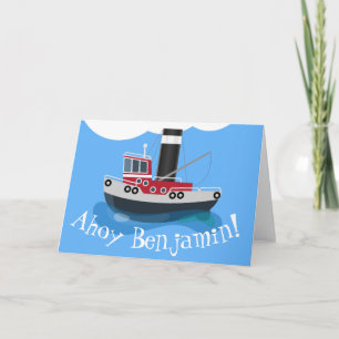 Cute fishing trawler boat cartoon illustration card