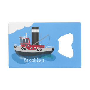 Cute fishing trawler boat cartoon illustration credit card bottle opener