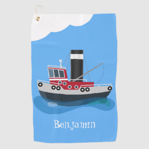 Cute fishing trawler boat cartoon illustration golf towel