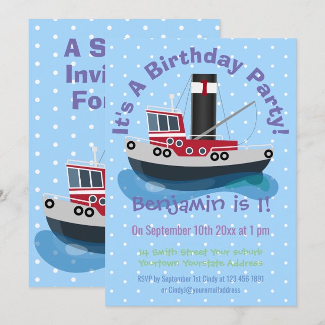 Cute fishing trawler boat cartoon illustration invitation (Front/Back)