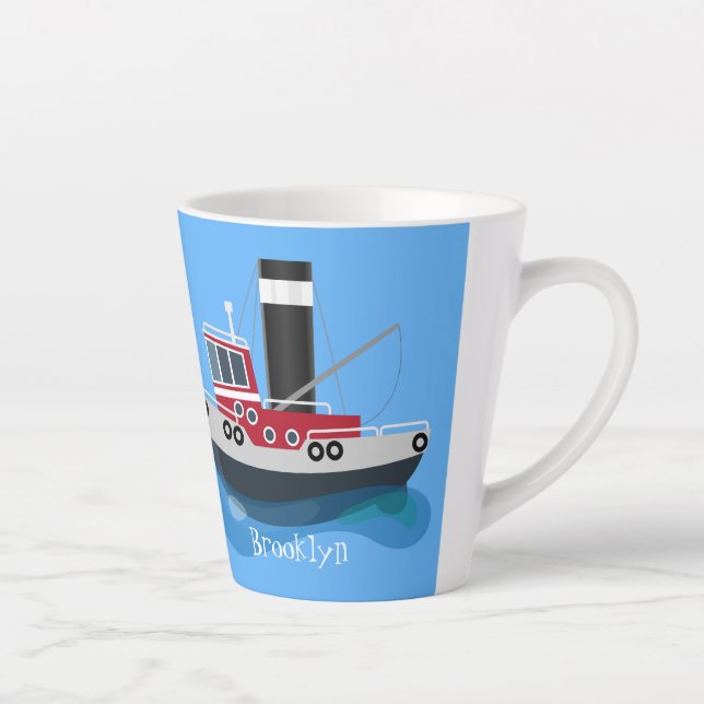 Cute fishing trawler boat cartoon illustration latte mug (Right)