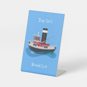 Cute fishing trawler boat cartoon illustration pedestal sign