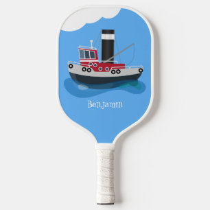 Cute fishing trawler boat cartoon illustration pickleball paddle
