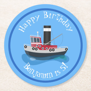 Cute fishing trawler boat cartoon illustration round paper coaster