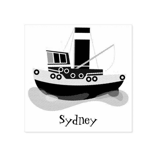 Cute fishing trawler boat cartoon illustration rubber stamp (Imprint)