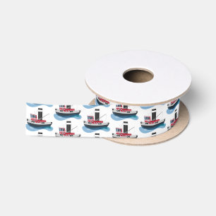 Cute fishing trawler boat cartoon illustration satin ribbon