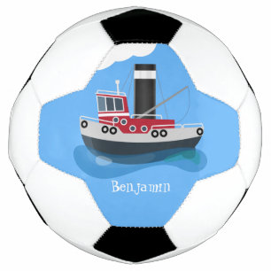 Cute fishing trawler boat cartoon illustration soccer ball