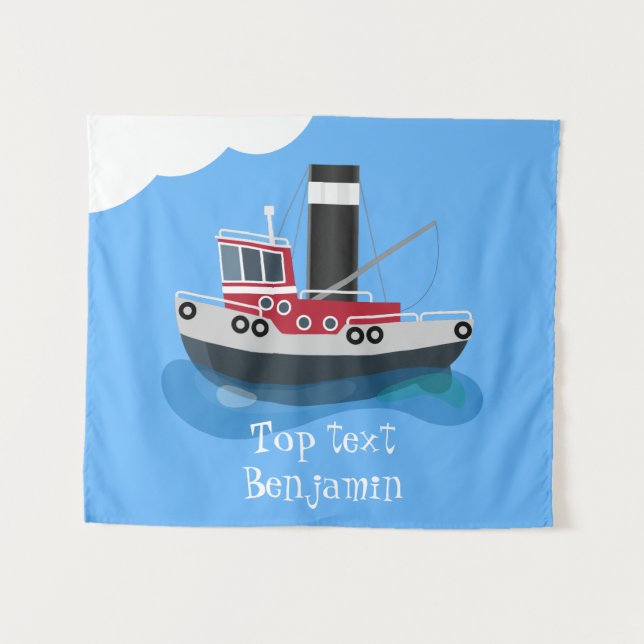 Cute fishing trawler boat cartoon illustration tapestry (Front (Horizontal))