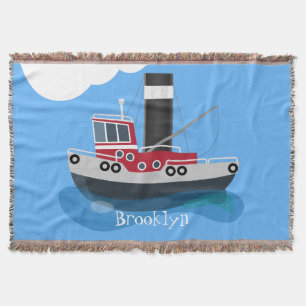 Cute fishing trawler boat cartoon illustration throw blanket