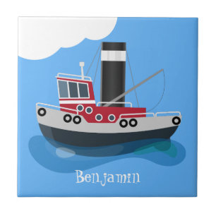 Cute fishing trawler boat cartoon illustration tile