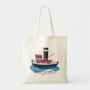 Cute fishing trawler boat cartoon illustration tote bag