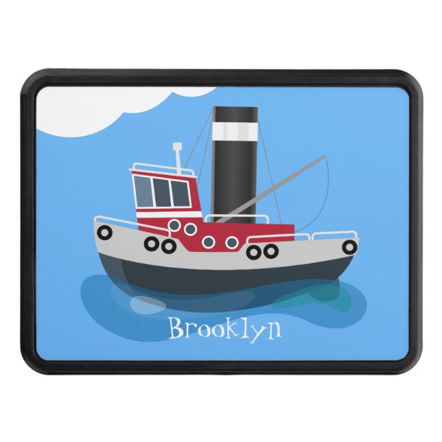Cute fishing trawler boat cartoon illustration trailer hitch cover (Front)