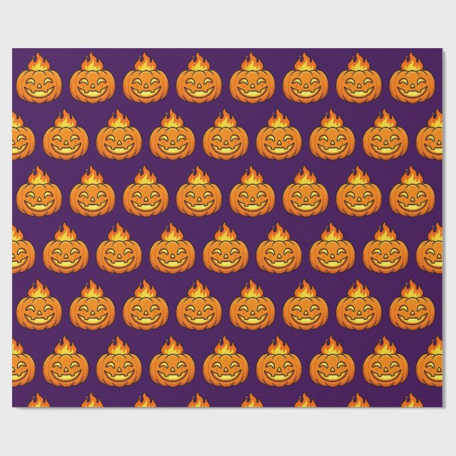 Cute Flaming Pumpkin Halloween Pattern Wrapping  Paper (Flat)