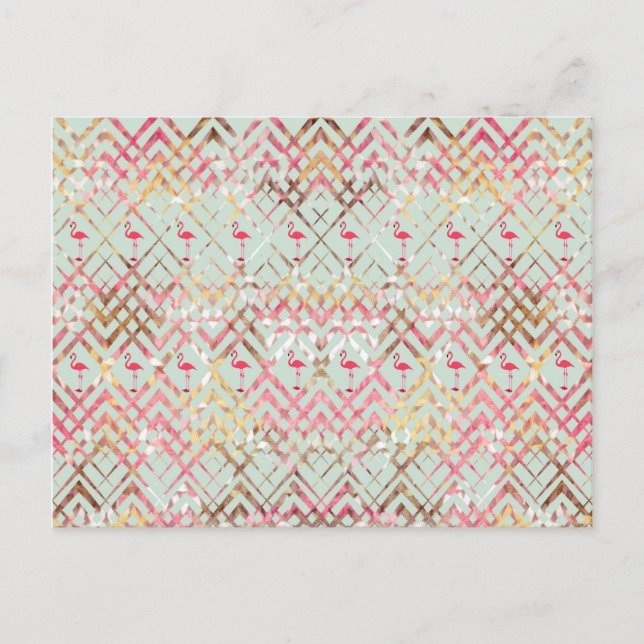 Cute Flamingo Abstract Pink Green Zigzaga Pattern Postcard (Front)