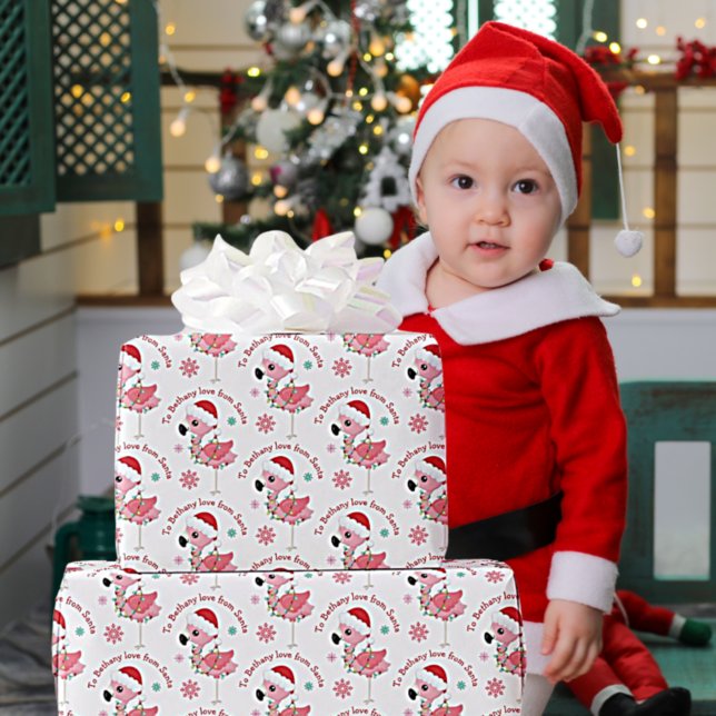 Cute Flamingo Child Name Love Santa Christmas Wrapping Paper (Creator Uploaded)