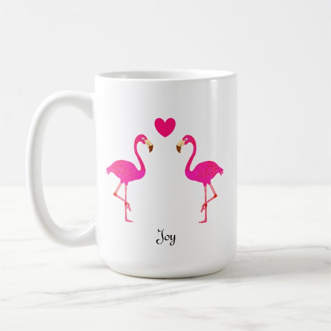Cute flamingo couple, heart & calligraphy coffee mug (Left)