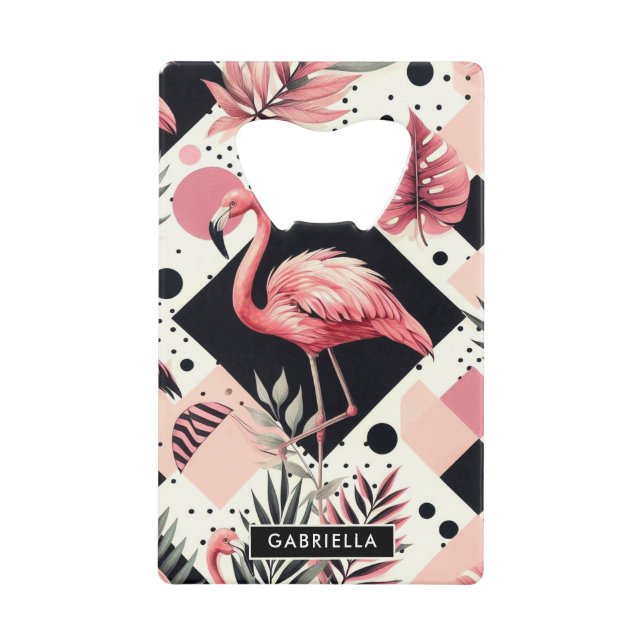 Cute Flamingo Geometric Credit Card Bottle Opener (Front)