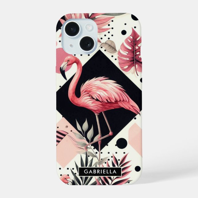Cute Flamingo Geometric iPhone 15 Case (Back)
