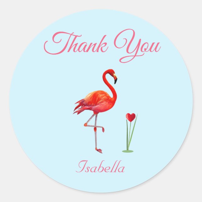 Cute Flamingo & Heart Thank You on Light Blue Classic Round Sticker (Front)