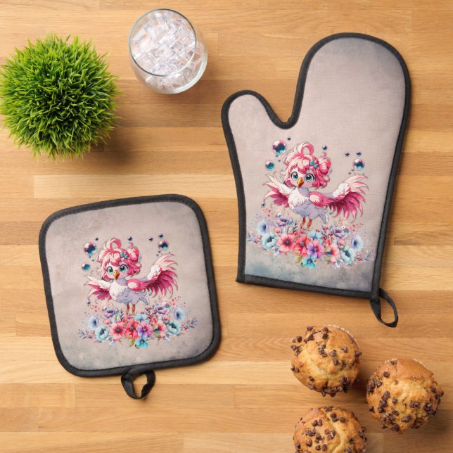 Cute flamingo in cartoon style oven mitt & pot holder set (Top Down)