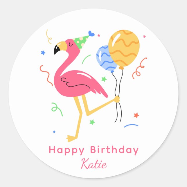 Cute Flamingo Modern Happy Birthday Script Classic Round Sticker (Front)