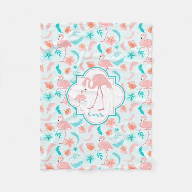 Cute Flamingo Mom and Baby Pattern Fleece Blanket (Front)