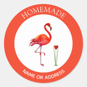 Cute Flamingo on Coral & White Homemade Classic Round Sticker
