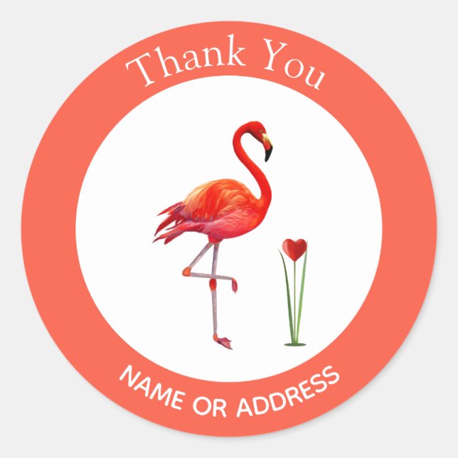 Cute Flamingo on Coral & White Thank You Classic Round Sticker (Front)