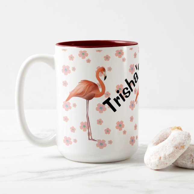 Cute flamingo personalized  Two-Tone coffee mug (With Donut)