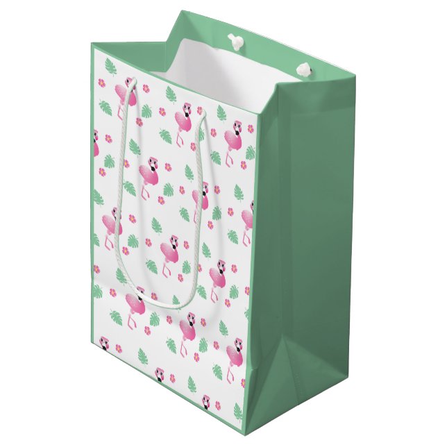 Cute Flamingo Tropical Flowers Leaf Pattern Green Medium Gift Bag (Front Angled)