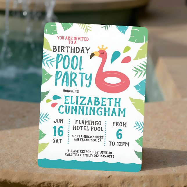 Cute Flamingo Tropical  Pool Party Birthday Invitation (Creator Uploaded)