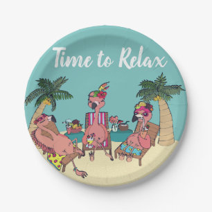 Cute Flamingo Tropical Vacation   Time to Relax Paper Plate