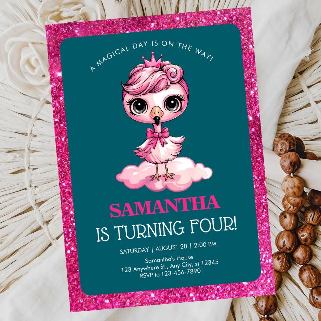 Cute flamingo with crown birthday invitation (Creator Uploaded)
