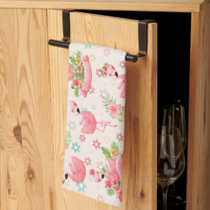 Cute flamingos and tropical flowers kitchen towel