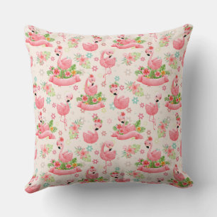 Cute flamingos and tropical flowers throw pillow