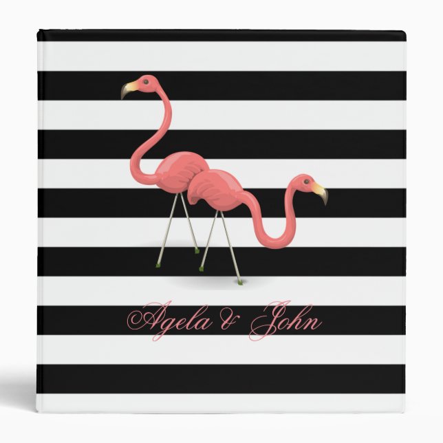 Cute Flamingos, Black, White Stripes Personalized Binder (Front)