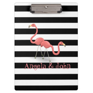 Cute Flamingos, Black, White Stripes Personalized Clipboard