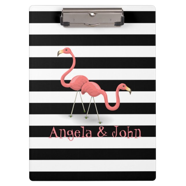 Cute Flamingos, Black, White Stripes Personalized Clipboard (Front)