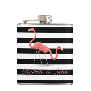 Cute Flamingos ,Black White Stripes,Personalized Hip Flask