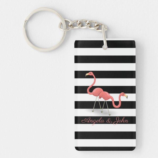 Cute Flamingos, Black, White Stripes Personalized Keychain (Front)