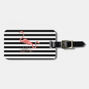 Cute Flamingos, Black, White Stripes Personalized Luggage Tag