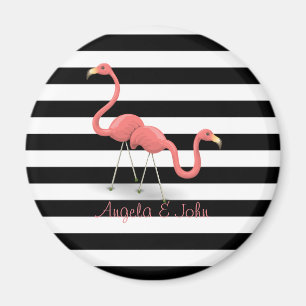 Cute Flamingos, Black, White Stripes Personalized Magnet