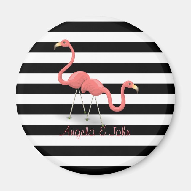 Cute Flamingos, Black, White Stripes Personalized Magnet (Front)