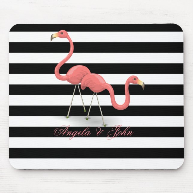 Cute  Flamingos, Black, White Stripes Personalized Mouse Pad (Front)