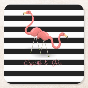 Cute Flamingos ,Black White Stripes,Personalized Square Paper Coaster