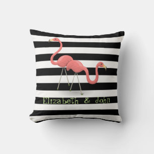 Cute Flamingos, Black, White Stripes Personalized Throw Pillow