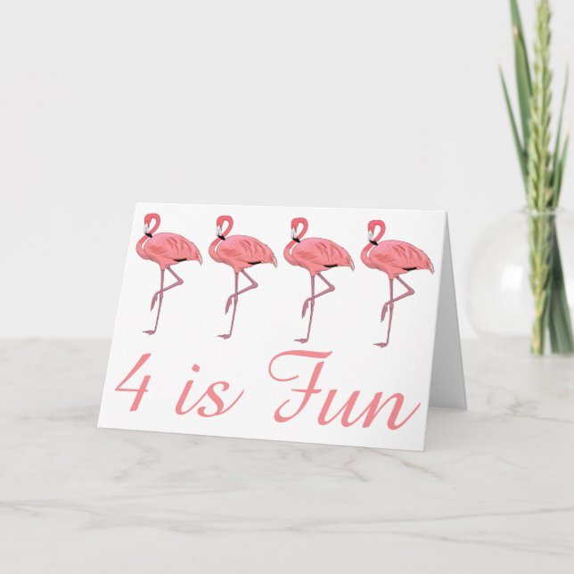Cute Flamingos Fourth Birthday Four is Fun Card (Front)